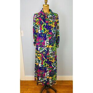 Vintage 1960s Prestige of Boston Colorful Maxi Dress, Size S/M, Button Front